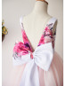 Printed Satin Pink Tulle V Back Ankle Length Flower Girl Dress